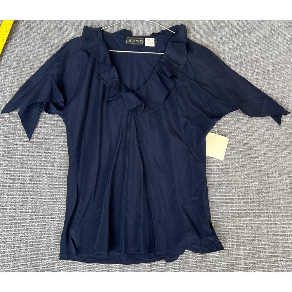 Levante Blouse Top Womens 8 Navy Silk Ruffle V-Neck Elegant Chic Evening Wear